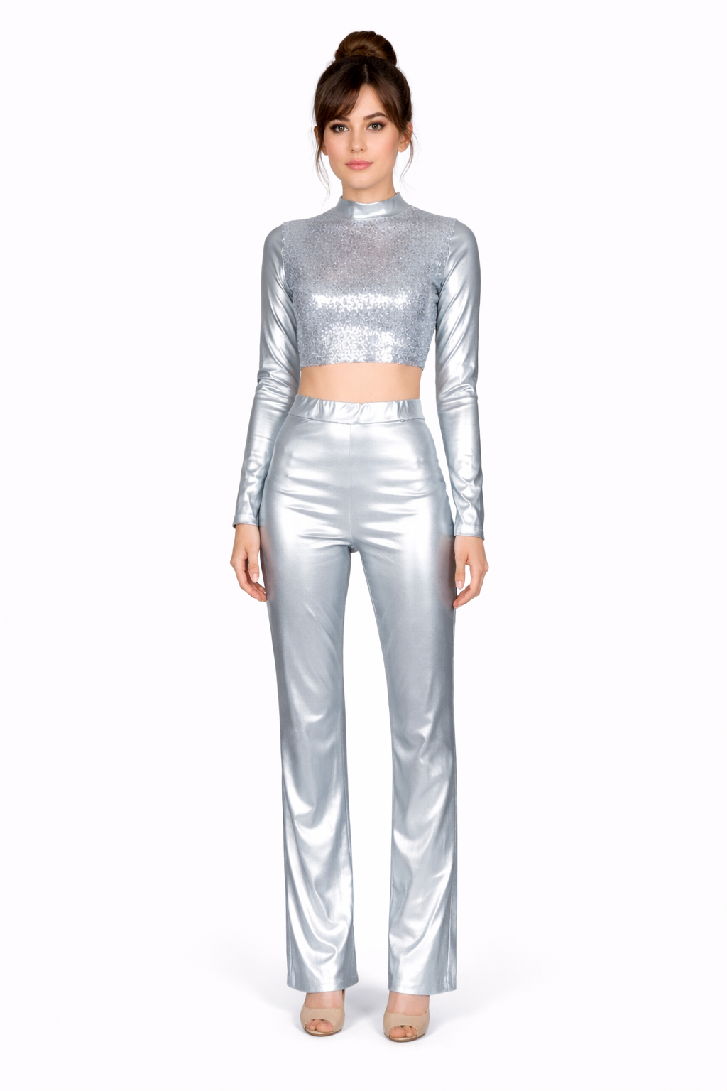 COMPLETO PANTALONE E TOP PAILLETTES ARGENTO DONNA