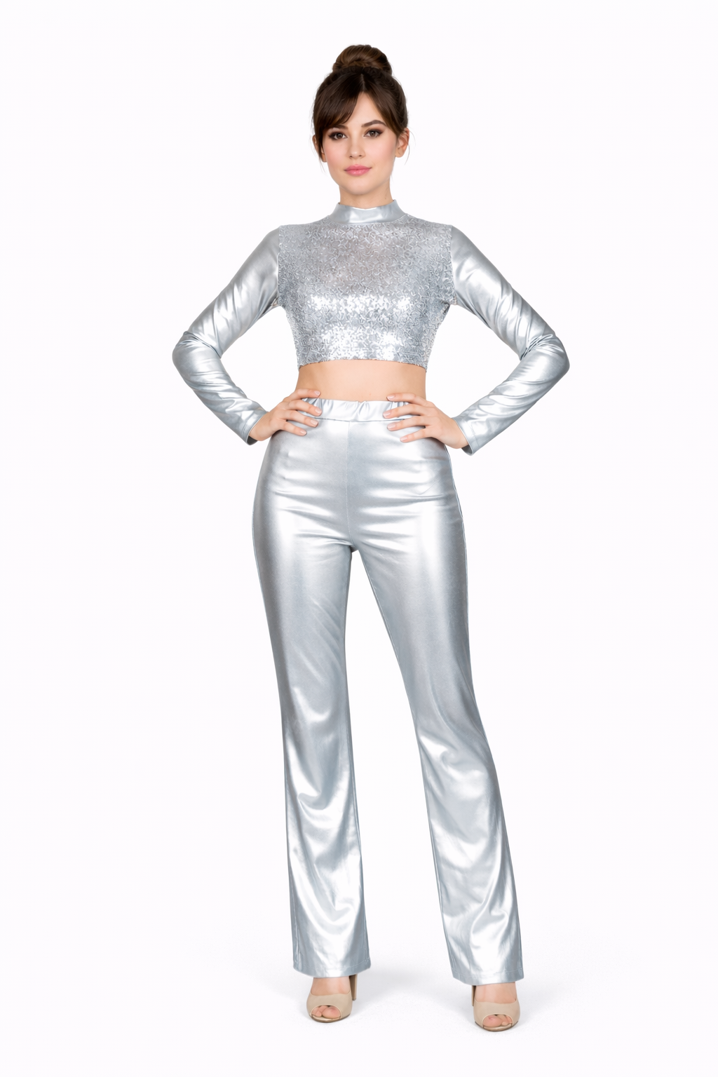 COMPLETO PANTALONE E TOP PAILLETTES ARGENTO DONNA